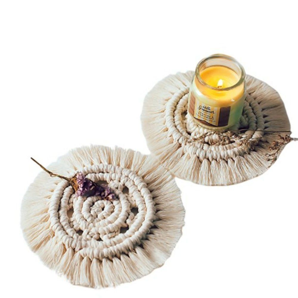 Boho Tassel Macrame Coaster | Handmade Cotton Glass Tea Cup Candle Holder #1265